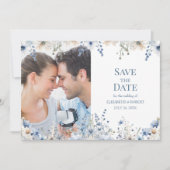 ブルーワイルドフラワーメドウ日付の写真カードを保存 招待状 (正面)