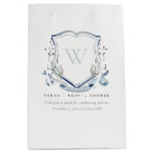 ブルーワイルドフラワーモノグラムクレストブライダルシャワー ミディアムペーパーバッグ (正面)