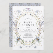 ブルーワイルドフラワーラベンダー水彩赤ちゃんシャワー 招待状 (正面/裏面)
