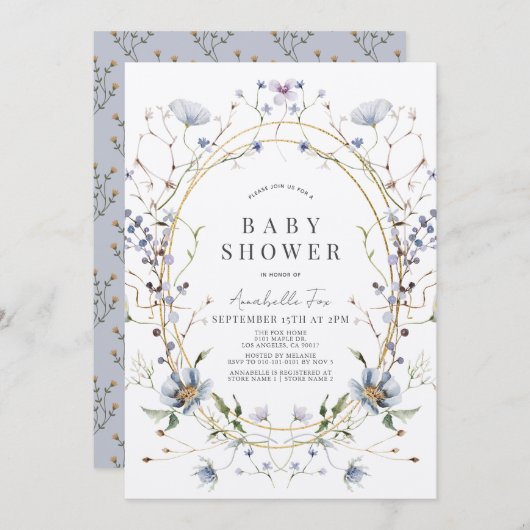 ブルーワイルドフラワーラベンダー水彩赤ちゃんシャワー 招待状 (正面/裏面)
