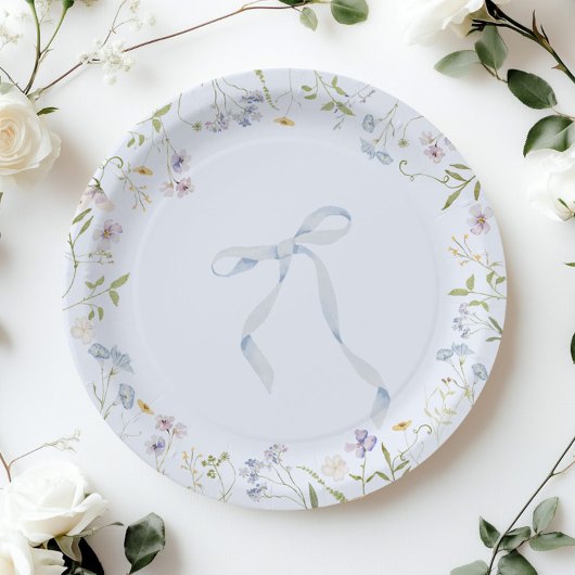 ブルーワイルドフラワーリボンバビーブシャワー ペーパープレート