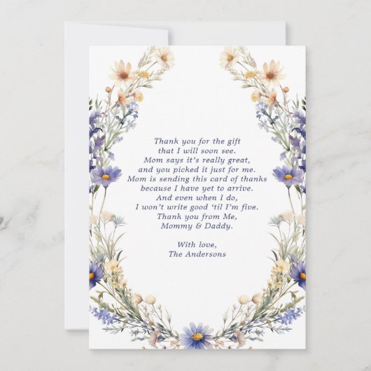 ブルーワイルドフラワーリースベビーシャワーサンキューカード サンキューカード (正面)