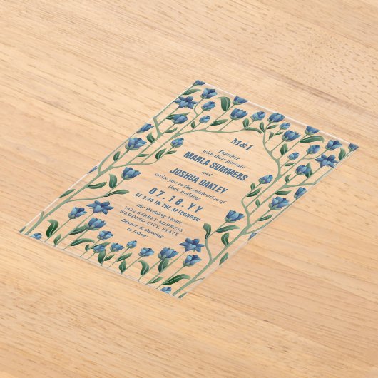 ブルーワイルドフラワーヴィンテージ結婚フレーム アクリル招待状 (レイダウン)