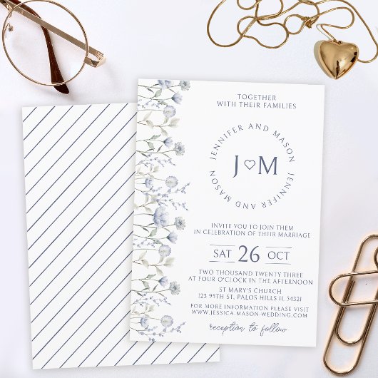 ブルーワイルドフラワー小さな花結婚式招待状 招待状