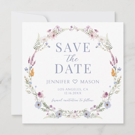 ブルーワイルドフラワー日付の写真の招待状を保存 (正面)