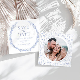 ブルーワイルドフラワー日付の写真の招待状を保存