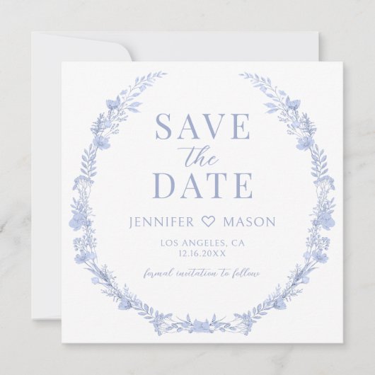 ブルーワイルドフラワー日付の写真の招待状を保存 (正面)