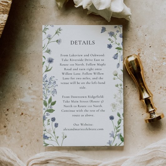 ブルーワイルドフラワー結婚の詳細カード、水彩 エンクロージャーカード