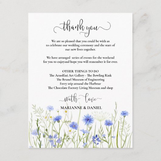 ブルーワイルドフラワー結婚の週末の旅程へようこそ エンクロージャーカード (裏面)