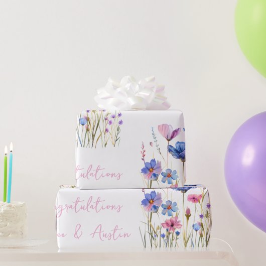 ブルーワイルドフラワー結婚ズ/シャワーおめでとうございます ラッピングペーパー (パーティーギフト)