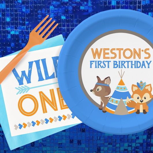 ブルーワイルドワンウッドランドバースデーパーティープレート ペーパープレート