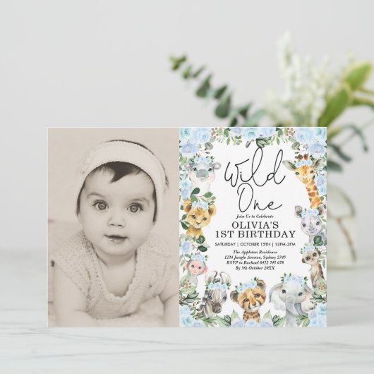 ブルーワイルドワンジャングルサファリガール誕生日写真 招待状 (スタンド正面)