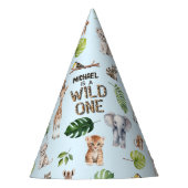 ブルーワイルドワン、サファリをテーマにした男の赤ちゃん1st パーティーハット (正面)