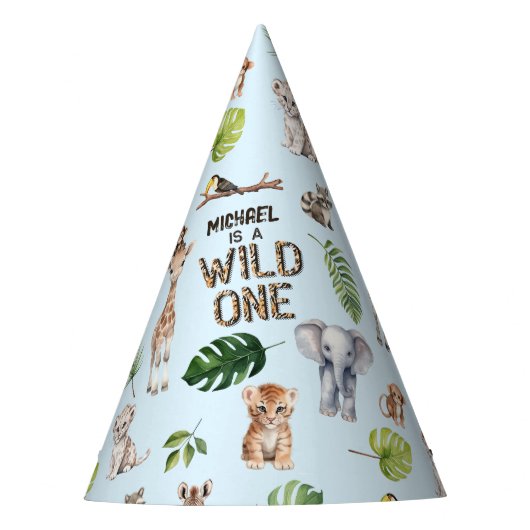 ブルーワイルドワン、サファリをテーマにした男の赤ちゃん1st パーティーハット (正面)