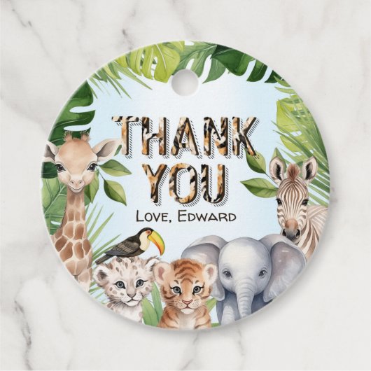 ブルーワイルドワン、ジャングルをテーマにした少年1歳の誕生日 フェイバータグ (正面)