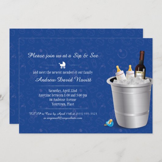 ブルーワインとベビーボトルsipと参照ベビーシャワー 招待状 (正面/裏面)