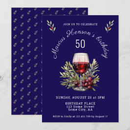 ブルーワイングラスのオリーブウォーターカラー50誕生日 招待状