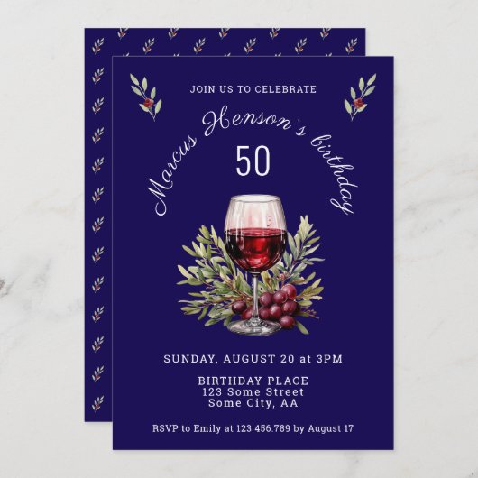 ブルーワイングラスのオリーブウォーターカラー50誕生日 招待状 (正面/裏面)