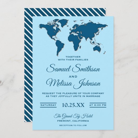 ブルーワモダンールドマップ結婚式招待状 招待状 (正面/裏面)