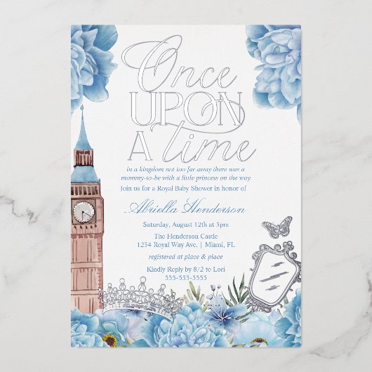 ブルーワンスオンザタイムベビーシャワープリンセス 箔招待状 (正面)