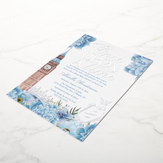 ブルーワンスオンザタイムベビーシャワープリンセス 箔招待状 (回転した状態)