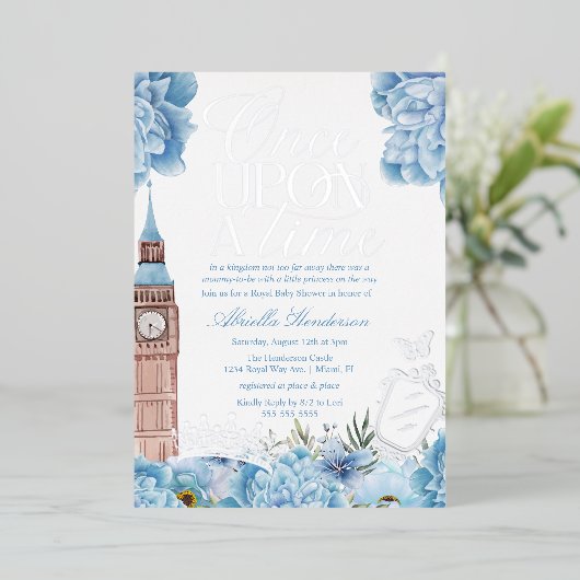 ブルーワンスオンザタイムベビーシャワープリンセス 箔招待状 (立ち正面)