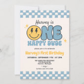 ブルーワンハッピードデスマイルレトログルーヴィ誕生日 招待状 (正面)