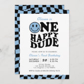 ブルーワンハッピードデ名門私立校風のスマイルボーイワンバースデー 招待状 (正面/裏面)