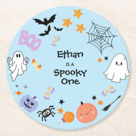 ブルーワン不気味かわいい幽霊ハロウィーン1歳の誕生日 ラウンドペーパーコースター