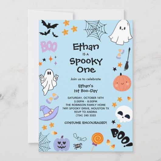 ブルーワン不気味かわいい幽霊ハロウィーン1歳の誕生日 招待状 (正面)