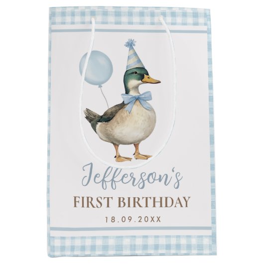 ブルーワン名門私立校風のラッキーアヒル1st誕生日パーティー ミディアムペーパーバッグ (正面)