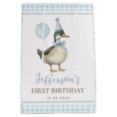 ブルーワン名門私立校風のラッキーアヒル1st誕生日パーティー ミディアムペーパーバッグ (裏面)