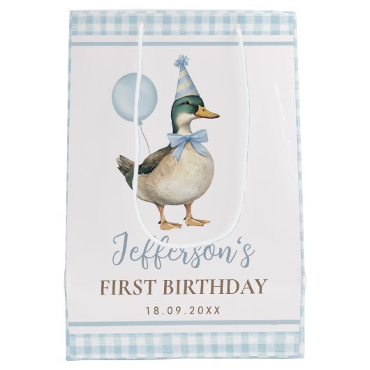 ブルーワン名門私立校風のラッキーアヒル1st誕生日パーティー ミディアムペーパーバッグ (裏面)