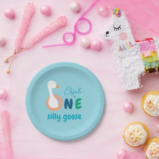 ブルーワン間抜けグースかわいい男の子ファースト誕生日 ペーパープレート (パーティー)