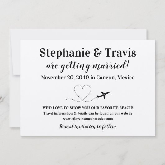 ブルーワールドマップと飛行機のハートボールドデスティネーション セーブザデート (裏面)