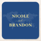 ブルーワールドマップデスティネーションウェディング スクエアペーパーコースター (正面)