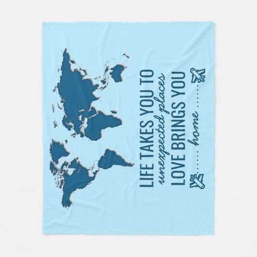 ブルーワールドマップライフやる気を起こさせるタイポグラフィ引用文 フリースブランケット (正面)