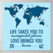 ブルーワールドマップライフやる気を起こさせるタイポグラフィ引用文 ポスター (正面)