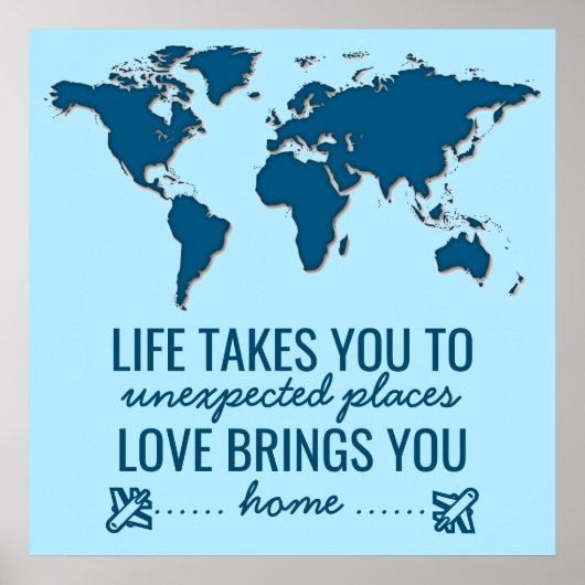 ブルーワールドマップライフやる気を起こさせるタイポグラフィ引用文 ポスター (正面)