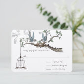ブルーヴィンテージの鳥と鳥の結婚式 出欠カード (スタンド正面)