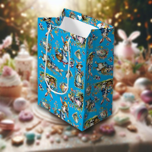 ブルーヴィンテージウォーターカラーイースターバニーエッグ&開花 ミディアムペーパーバッグ