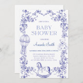 ブルーヴィンテージエレガントフローラ赤ちゃんシャワー 招待状 (正面/裏面)