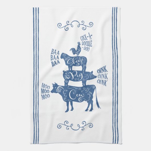 ブルーヴィンテージカントリーファームハウススタックファームアニマル キッチンタオル (縦)
