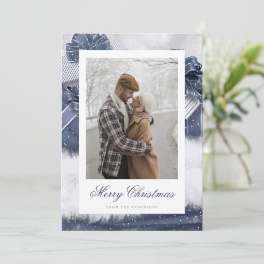 ブルーヴィンテージギフト雪写真クリスマスカード シーズンカード (スタンド正面)