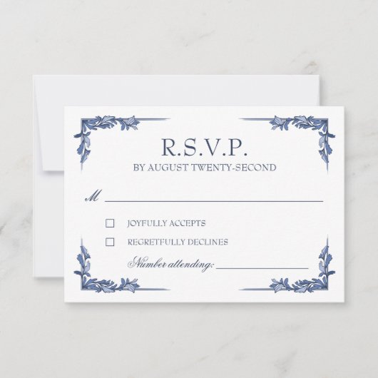 ブルーヴィンテージクラストモノグラムRSVP 出欠カード (正面)