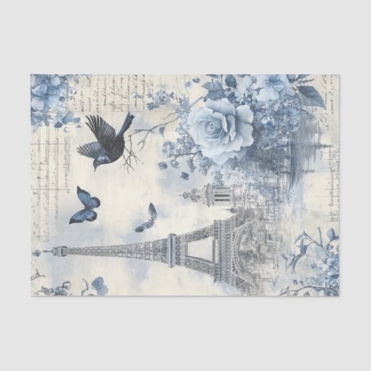 ブルーヴィンテージコラージュのエッフェル塔 薄葉紙 (正面)