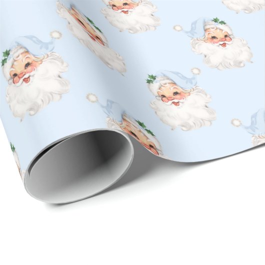 ブルーヴィンテージサンタクリスマスオン無地のブルー ラッピングペーパー (ロールコーナー)