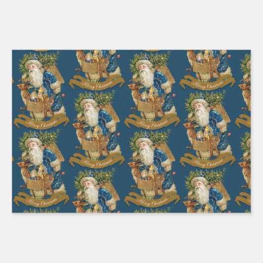 ブルーヴィンテージサンタクロースディアクラシッククリスマス  ラッピングペーパーシート (正面3)
