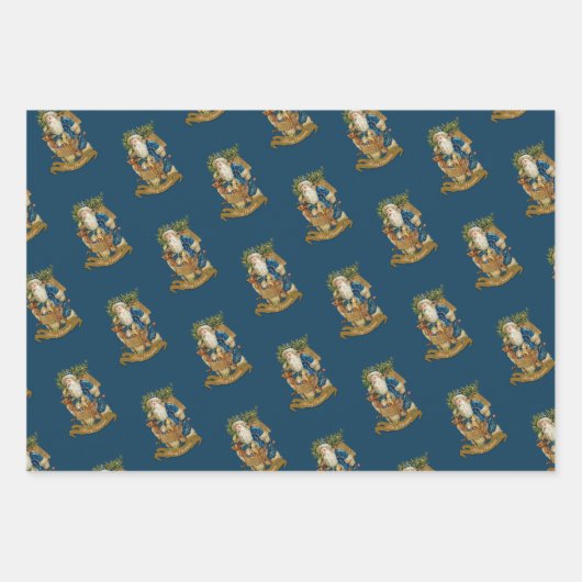 ブルーヴィンテージサンタクロースディアクラシッククリスマス  ラッピングペーパーシート (正面)