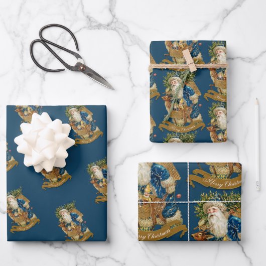 ブルーヴィンテージサンタクロースディアクラシッククリスマス  ラッピングペーパーシート (正面)
